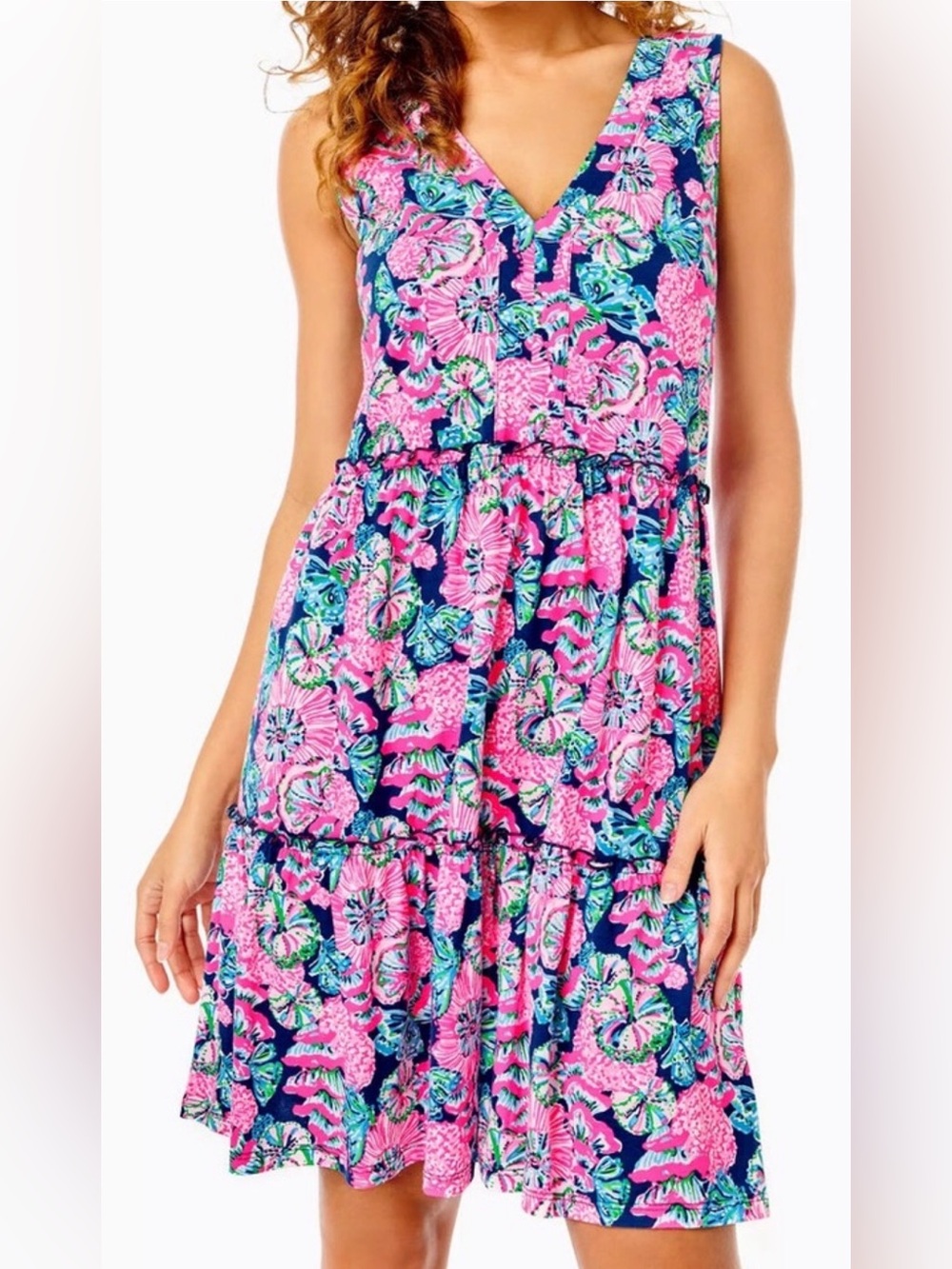 Lilly Pulitzer Pink & Navy Floral V-Neck Tiered Sundress